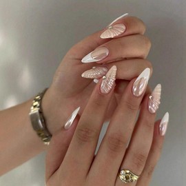 Almond Press on Nail White French Tip Press ones Fake Nails Full Cover Nude Pink False Nails with 3D Water Stripe design Rhinestones Acrylic Artificial Nail Chrome Glue on Nails for Women Wedding24pcs