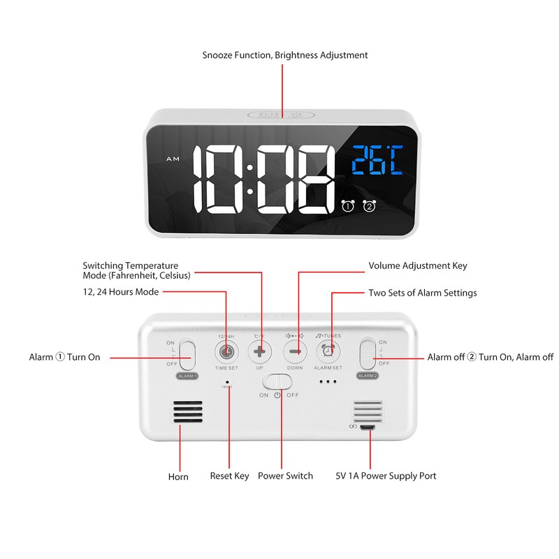 Mirror LED Alarm Clock Two Sets of Alarm Rechargeable Voice