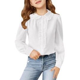 Haloumoning Girls Puff Long Sleeve Shirts Cute Casual Peter Pan Collar Blouse Ruffle Button Down Chiffon Tops 7-14 Years, White, 11-12 Years