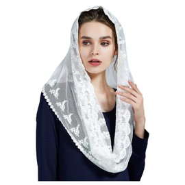 BEAUTELICATE Women's Mantilla Catholic Veil Lace Chapel Scarf Stole Headwear Lace Black White for Catholic Church Latin Mass Church Wedding Bridal V108, White