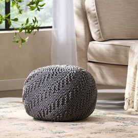 Heemab Modern and Cozy Round Pouf for Home Decor, Handmade Knitted PET Yarn, Use, Dark Grey
