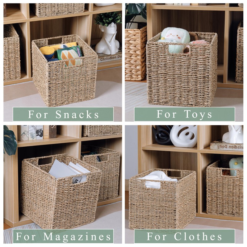 10.5 x 10.5in Cube Seagrass Storage Baskets, Wicker Storage Baskets