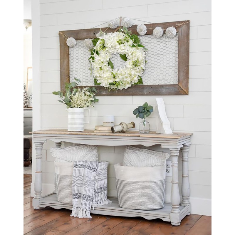 16'' Artificial Hydrangea Wreath White Fake Flower Wreath, Faux Hydrangeas