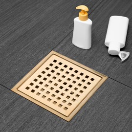 Elefloom Square Shower Drain, Gold Shower Drain 6 inch with Flange and Removeable Grate Cover, AISI 304 Stainless Steel Gold Shower Floor Drain with Hair Catcher and Flange