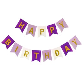 Happy Birthday Banner Bunting Purple Mix with Shimmering Gold Foil Letters Girls Women Party Decorations
