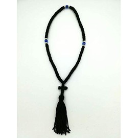 Blessed Handmade 100 Knots Prayer Rope Greek Russian Komboskoini Christian Orthodox Black With Blue Beads from Mt Athos Fragrance With Holy (Chrism- Myrrh)