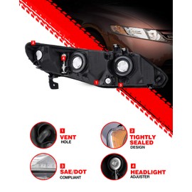 PHILTOP Headlight Assembly Set Compatible with 2006 2007 2008 2009 2010 2011 Honda Civic Sedan,Driver & Passenger Side Halogen Headlamp without Bulbs Chrome Housing Amber Reflector Clear Lens