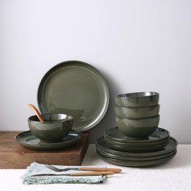 Pokini 24 Piece Dinnerware Set for 8, Santorini Mist Terracotta Plates and Bowls Sets, Complete Stoneware Dish Set for Large Families and Entertaining, Microwave & Dishwasher Safe, Blackish Green