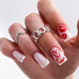 24PCS Valentines Day Press On Nail Medium Square French Tip Fake Nails Glitter Heart and Love Designs Artificial False Nails Romantic Full Cover Acrylic Nails Stick on Nails for Women and Girls