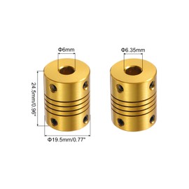 QUARKZMAN Pack of 5 6 mm to 6.35 mm Aluminium Alloy Shaft Coupling L24.5 x D19.5 Flexible Coupler for Encoders and Motors, Golden
