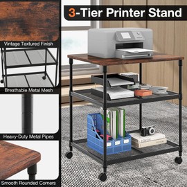 Giantex Printer Stand, 3-Tier Industrial Printer Cart with Lockable Wheels, Adjustable Shelves, Metal Frame, Mobile Under Desk Shelf for Home Office, Printer Table Fit Fax Machine, Scanner (Brown)