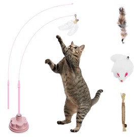 WYYUE Suction Cup Cat Toys for Indoor Cats,3 in 1 Suction Cup Cat Toy,Interactive Simulation Cat Toy Set Self Play or Handheld,Feathers & Bells,Realistic Toy Mouse and Silvervine Sticks (Pink)