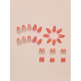24-Piece Short Almond Press On Nails, Orange Pink Gradient Design, with Nail Glue and File