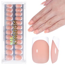 French Tip False Nails - 32PCS Nude White Square Press On Nails Short Pattern - Glossy Removable Fake Nails With Glue - Full Cover Acrylic Stick On Nails For Women And Girls DIY Nail Art Accessories