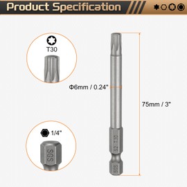 sourcing map T30 Torx Head Screwdriver Bit 1/4" Hex Shank 3" (75mm) Long Magnetic No Hole Tip Tamper Proof 6 Point Star Screw Driver Drill Bits S2 Steel Industrial Power Screwdrivers