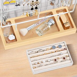 ProCase Jewelry Organizer Stand Earring Holder Organizer, 6 Tiers Earring Organizer Tree Necklace Rack Jewellery Tower Bracelets Holder Storage with Removable Wooden Ring Tray for Women Girls -White