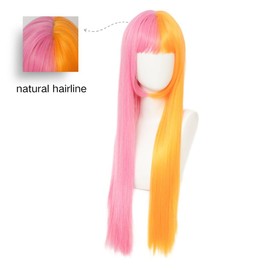 Salaibs Half Orange Half Pink Long Straight Wig for Women with Bangs Synthetic Natural Looking Heat Resistant Fiber Wig for Cosplay Daily Party Use