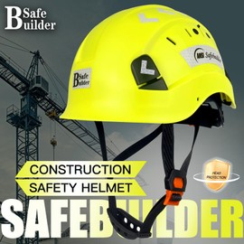 SAFEBUILDER Work Safety Hard Hat for Engineer Slotted Ventilated Construction Safety Helmet for Men Women Industrial Adjustable Ratchet 6-Point Suspension ANSI Z89.1-14 (02-Fluorescent Yellow Helmet)