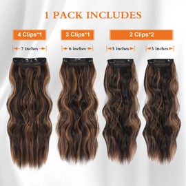 BUPPLER Clip in Hair Extensions 20 Inch Long Wavy Curly Hair Extensions for Thin Hair 4PCS Full Head Synthetic Hair Extension Clips(Black Brown with highlights)