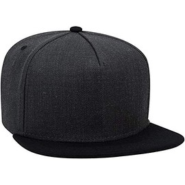 Ashen Fane Heather Wool Blend 5 Panel Snapback Flat Bill Two Tone Hat, Black Heather Black