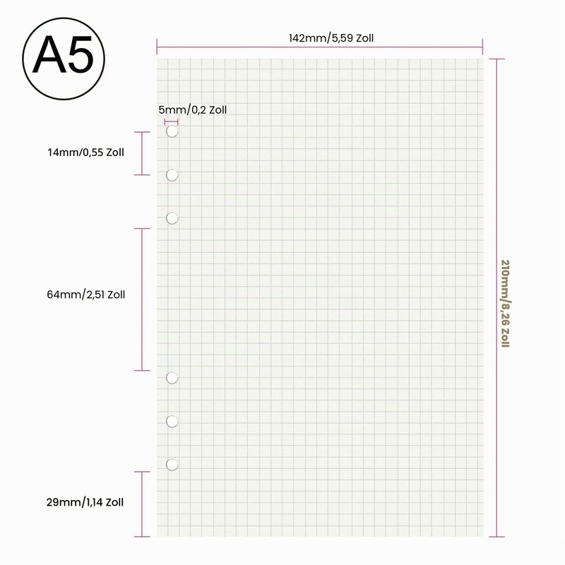135 Sheets A5 Paper Squared OVISEEN 6 Holes A5 Refill