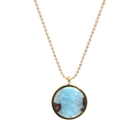 Gempires Larimar Coin Pendant Necklace, Round Disc Pendant, Gemstone Necklace, Lightweight, 18 inch 14k Gold Plated Diamond Ball Chain, Party Wear, Gift for Her