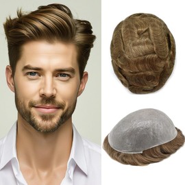 RESHE Hair Pieces For Mens Toupee Real Human Hair Piece Replacement Systems For Men Ultra Thin Skin Toupee V-Looped Hair Unit For Men Natural Hairline 8x10#17 DARK ASH BLONDE 100% Density