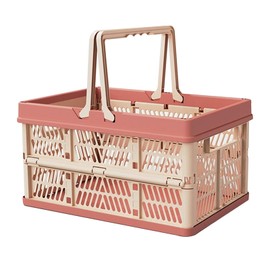 Jotia 1 Pack Collapsible Shopping Basket, 30x20x16.5cm Collapsible Storage Crate Plastic Storage Baskets for Organizing Foldable Picnic Basket with Handles for Home, Kitchen, Office (Pink)