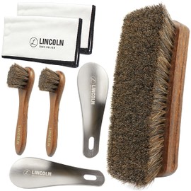 Lincoln Shoe Shine Brush Kit 7 Piece Set – Premium 100% Horsehair Brush Set with 6.7" Shine Brush, 2 Applicators, 2 Shoe Horns & 2 Soft Polish Cloths – Leather Shoe Care Kit for Men & Women