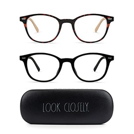 Rae Dunn ELIZA Blue Light Blocking Reading Glasses - 2 Pack w LOOK CLOSELY Signature Font Hard Case (Glossy Standard Tortoise Glossy Jet Black, +0.0), OSFA