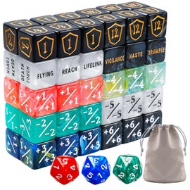 63 PCS MTG Dice Set with Shield Life Counter (1–12), Keyword Ability Counters, +1/-1 Stat Modifier Dice in 6 Colors, D20 & Storage Bag