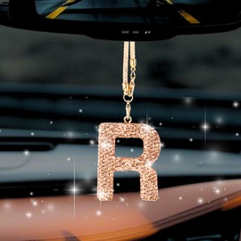 MOTOFITOOL Bling Car Accessories for Women Letter Charm, Rainbow Crystal Rearview Mirror Pendant, Cute Diamond Rhinestone Car Decor, Lucky Gift for Women(R, Champagne Gold)