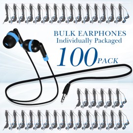 Kanayu 100 Pcs Wired Earbuds Bulk for Classroom Basic Ear Headphones Bulk Basic Student Earphones No Microphone with 3.5 MM Jack for Kids Schools Libraries Laptop, Individually Bagged(Blue)