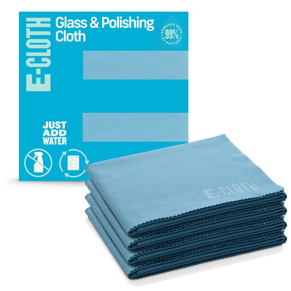 E-Cloth 4-Pack Glass & Polishing Cloth, Sustainable Microfiber Cleaning Cloth Set, Perfect Cleaner for Glass, Windows and Mirrors, Washable and Reusable, 100 Wash Promise, Alaskan Blue
