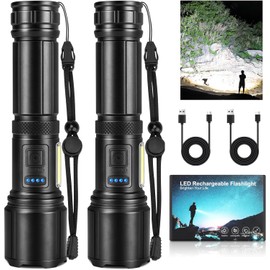 2 Pack Rechargeable LED Flashlights High Lumens, 3000LM Super Bright Flashlight, Adjustable Powerful Flash Light with COB Light & 7 Modes, Waterproof Handheld Flashlight for Home Camping Hunting
