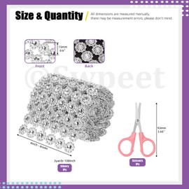 Swpeet 1 Roll 4 Inch × 3 Yards 6 Rows Silver Rhinestone Ribbon with Scissors，Faux Crystal Rhinestone Flower Mesh Ribbon，Bling Diamond Wrap Trim Ribbon for Wedding Decorations DIY Crafts
