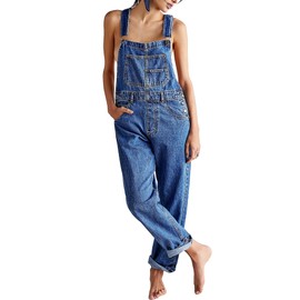 Owl's-Yard Women Denim Long Jumpsuit Casual Bib Wide Leg Adjustable Strap Romper Pants 90s Retro Revolt Dungaree Overalls (A-Blue, XL)