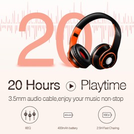 Bluetooth Headphones Over Ear, Wireless Headphones with 5 EQ Modes, 20 Hours Playtime Foldable HiFi Stereo Headset with Microphone, FM/TF for Cellphone/PC/Work/Travel/Kids/Adults/Gift (Orange)