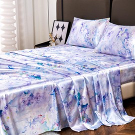 YIYEA Satin Sheets - Floral Print - Luxurious Silky Feel King Size Sheets- Elegant Smooth Satin Bed Sheets Set - 16" Deep Pocket, Ultra Soft, Hypoallergenic, and Fade Resistant - 4 PC