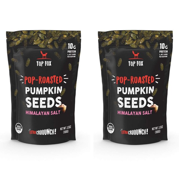 Top Fox USA Farm-Grown Organic Pumpkin Seeds. Healthy Pop-Roasted Protein Snacks. Gluten Free, Keto Friendly, Vegan, Paleo. 3.5 ounce (Himalayan Salt, 2 pack)