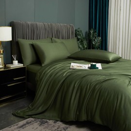 Luofanfei Bamboo Bed Linen 135 x 200 cm Olive Green Summer Cooling Plain Bamboo Fibres Lyocell Shiny Bed Linen Set Breathable Bamboo Two-Piece Duvet Cover 135 200 cm Single Bed with Zip