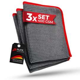 PLATEHOLDER® 3 x Premium Waffle Microfibre Cloths - Drying Cloth for Indoor and Outdoor Use - Cleaning Cloths - Disc Cloth with 400 GSM - 40 x 40 cm - Streaks and Streak-Free Car, Bathroom, Kitchen