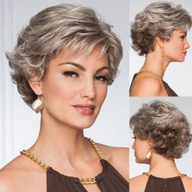 SEVENCOLORS Gray Wigs for Women Short Dark Grey Pixie Cut Wigs Natural Looking Synthetic Hair Wigs with Bangs Short Curly Mixed Silver Wigs for Older Lady