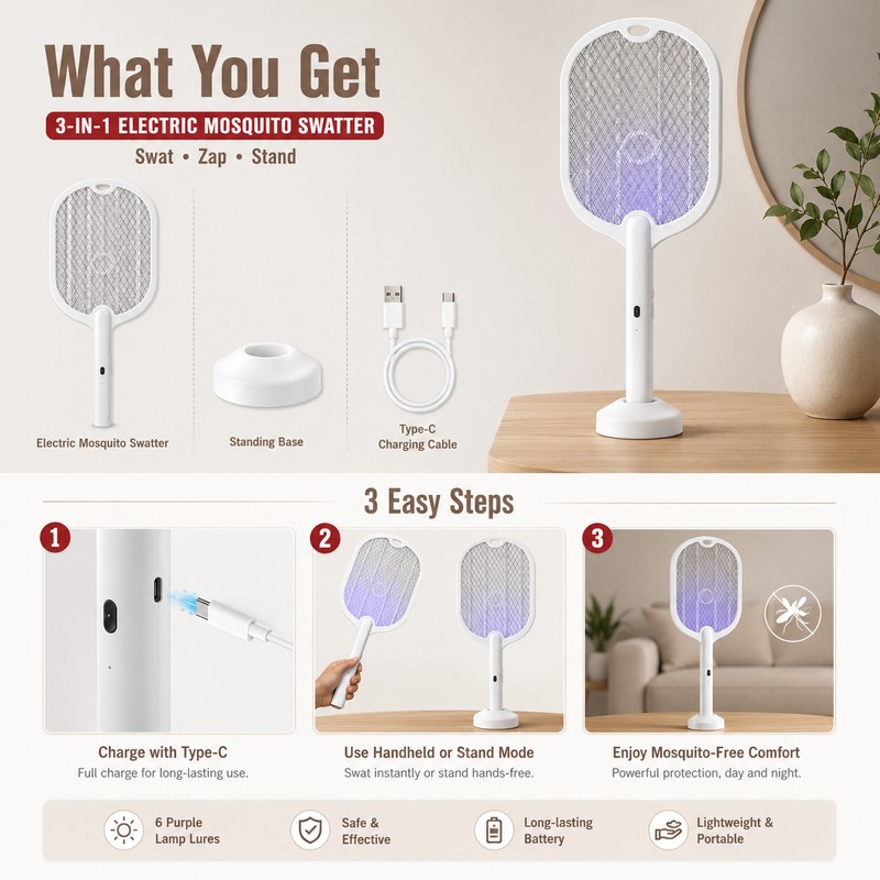 3-in-1 Electric Mosquito Swatter for Home – 3000V Rechargeable Bug
