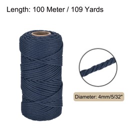Rebower 5/32 Inch 328 Feet Macrame Cord, Cotton Cord Rope String 4 Strands Twisted Braided Thick Macrame Cord [for Crafts Wall Plant Hangers] - Navy Blue