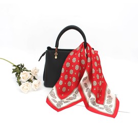 ANDANTINO 100% Pure Mulberry Silk Small Square Scarves -21'' x 21''- Digital Printed Neckerchief –Women Men Lightweight Scarf(02 Paisley&Stars-Red)