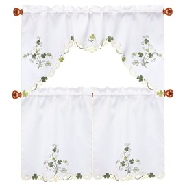 Simhomsen Embroidered Irish Clover Kitchen Window Curtain Swag and Tiers Set for St. Patrick’s Day and Spring (Shamrock)