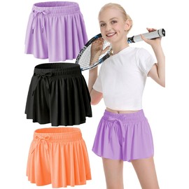 MODERN ASIR 3 Pack Girls Flowy Shorts with Spandex Liner 2-in-1 Youth Butterfly for Fitness, Running, Sports(POB11-12years)
