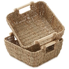 Casafield Set of 2 Seagrass Oval Storage Baskets with Wooden Handles - Small, Woven Bin Organizers