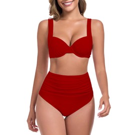 RELLECIGA Women's Two Piece Bikini Set Push Up Bikini Bathing Suits Underwire Swimsuits, Red, Small